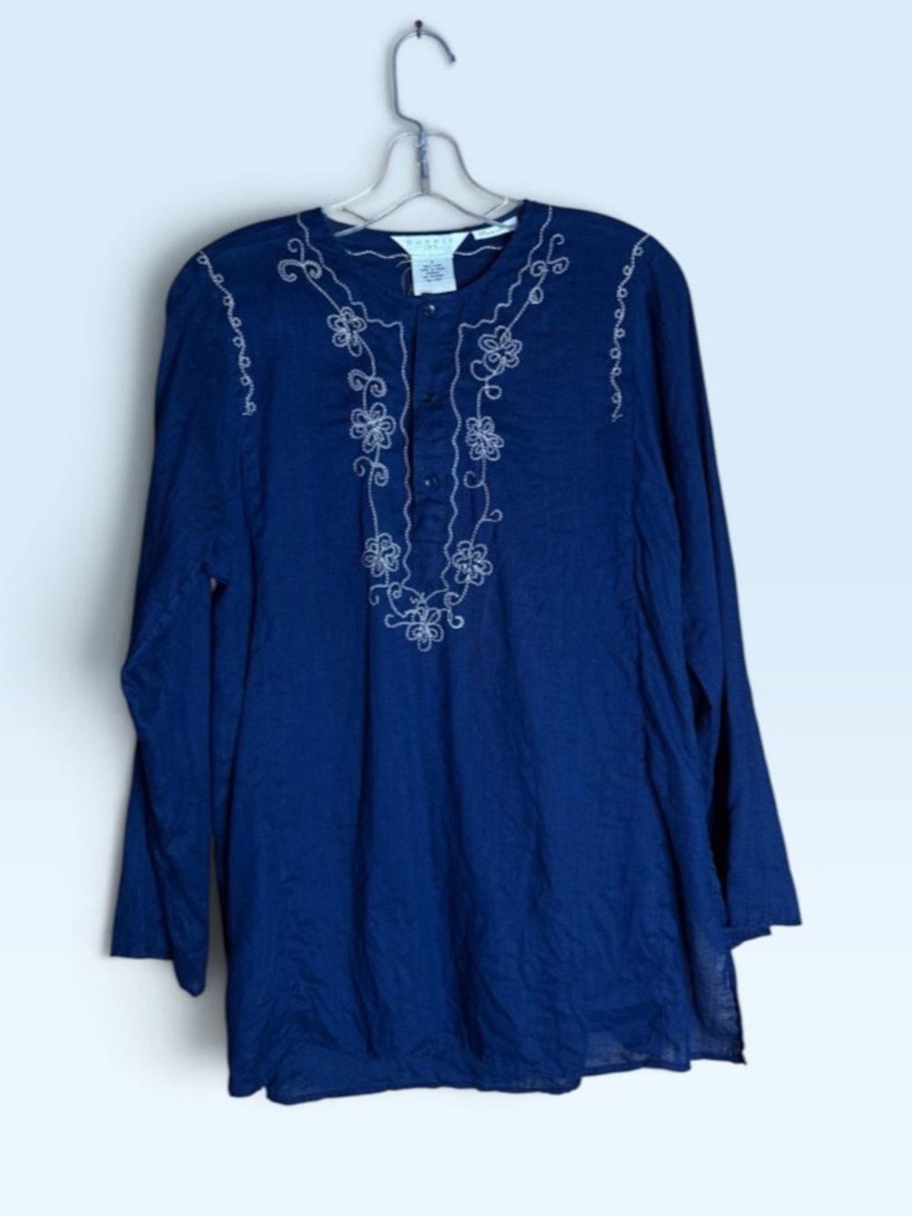 100% Linen Navy Embroidered Floral Tunic Blouse